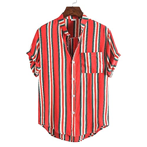 Chemise hawaïenne pour hommes en coton rouge à rayures et col montant