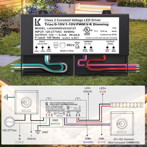Image of 12V 100W Dimmable LED Driver, 5-in-1 Triac /ELV /MLV /0-10V /1-10V /PWM /V-R Dimming AC to DC Power Supply, IP67 Waterproof LED Transformer, UL Listed, Compatible with Lutron & Leviton Dimmer