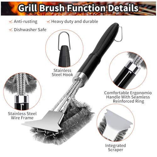Grillbürste,CNMTCCO 3-in-1Edelstahl Bürste Grill,Ausgestattet mit Einer extra Langen Reinigungsbürste,Abstreifer und PP Wärmedämmung Griff für Gasgrill,Holzkohlegrill,Kugelgrill und Grillrost 3