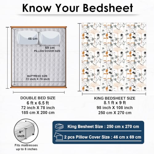 Image of Story@Home King Size Air Cotton Bedsheet 240 TC Flat Sheet with 2 Pillow Covers, Soft & Durable Bed Sheet for King Bed (250 x 270 cm, Floral Print, White)