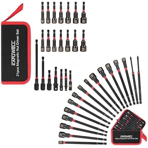 KAFUWELL 37PCS Nut Driver Set Magnetic, 1/4" lmpact Drill Driver Bit Set, Metric and SAE, lmpact Socket Adapters, Long Shank Nut Driver Bits, Quick-Release Bit Holder with Storage Bag Cover