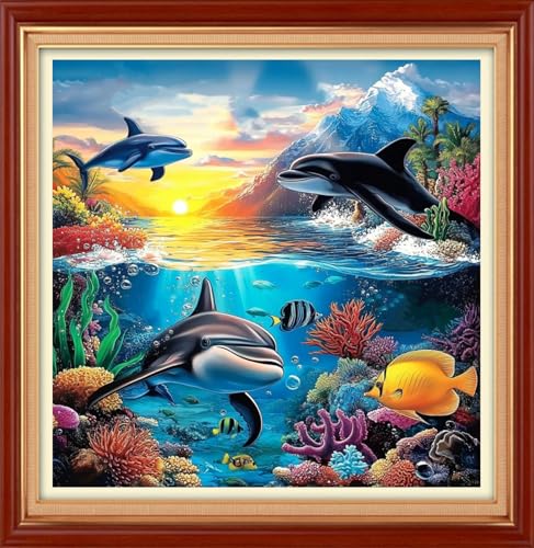 Image of Foxhool Stamped Cross Stitch Kits,11CT Printed Cross Stitch Pattern Full Embroidery Kits for Beginner Needlepoint Kits&Marine Animal World 18x18 inch