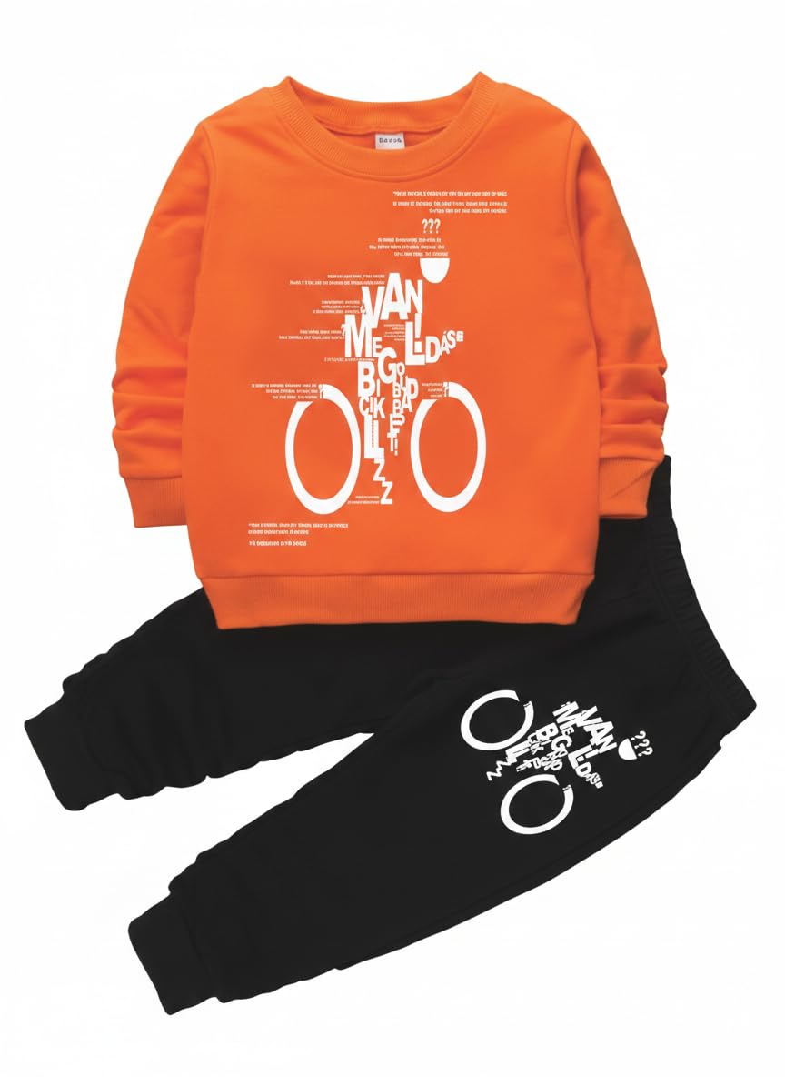 Men’s Cotton Blend Printed Sweatshirt & Jogger Set – Orange & Black Casual Co-Ord Set