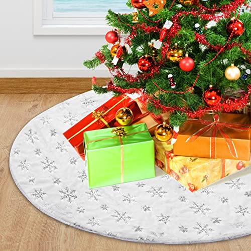 Tappeto Sotto Albero di Natale 120 cm Grande, Copri Base Albero Natale Bianco, UNOLIGA Gonne Albero di Natale Peluche, Copri Piede Albero di Natale con Argento Paillettes Fiocco di Neve