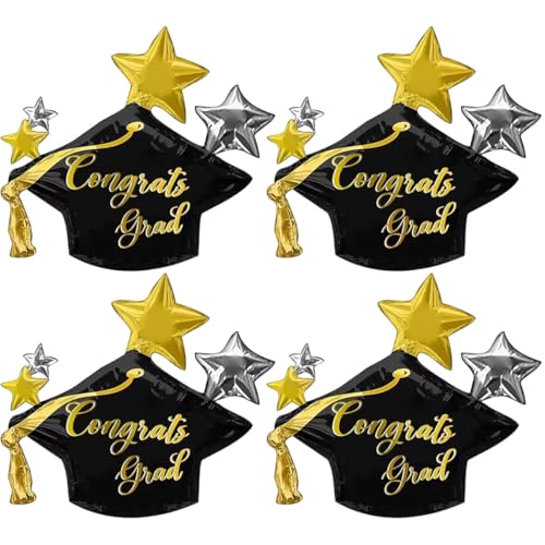 4Pcs Graduation Cap Balloons Big Congrats Grad Hat Foil Balloons for Class of 2026 Party Decorations
