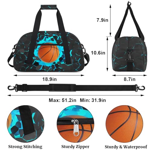 Blue 3D Basketball Kids Overnighter Duffel Bags for Boys, Carry-On Size Sports Gym Bag with Front Zipper Pocket for School Practice or Overnight Travel Weekender Sleepover Tote Bag2