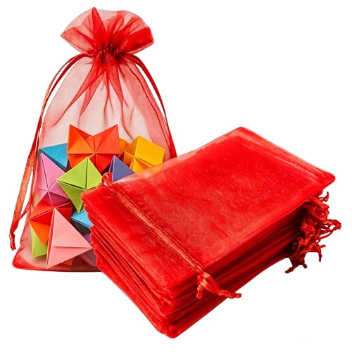 Jwenic 50 Pieces Gift Bags Organza 5x7 Red Inch Drawstring Sheer Fabric Goodie Sparkly Pouch for Jewelry Key Ring Candles Herbal Baby Shower Christmas Party Favor Wedding Mom Anniversary Housewarming