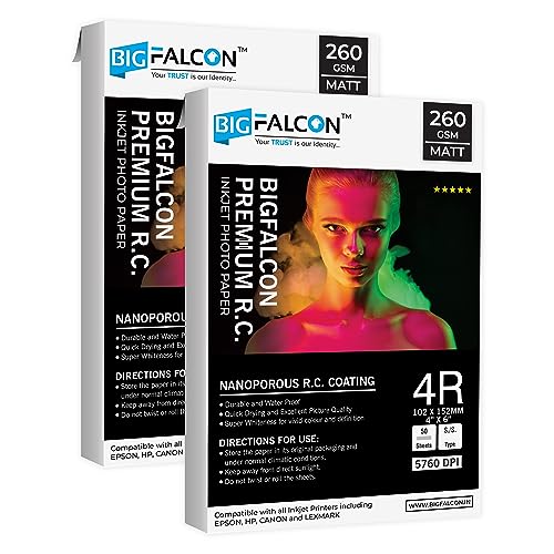 Image of BIGFALCON Premium 260 GSM 4R Size (4X6 inch) Matt (Luster) RC Resin Coated Waterproof Inkjet Photo Paper 100 Sheets for all Inkjet Printer (Pack of 2)