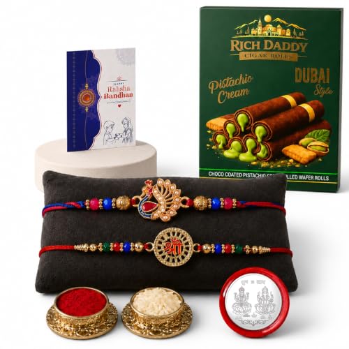 Image of Oblivion Rakhi for Brother Set of 2 with Rich Daddy Pistachio Cream Filled Wafer Rolls 140g, Silver Color Pooja Coin, Tilak Set & Raksha Bandhan Greeting Card | Premium Rakhi Gift Combo for Bhai