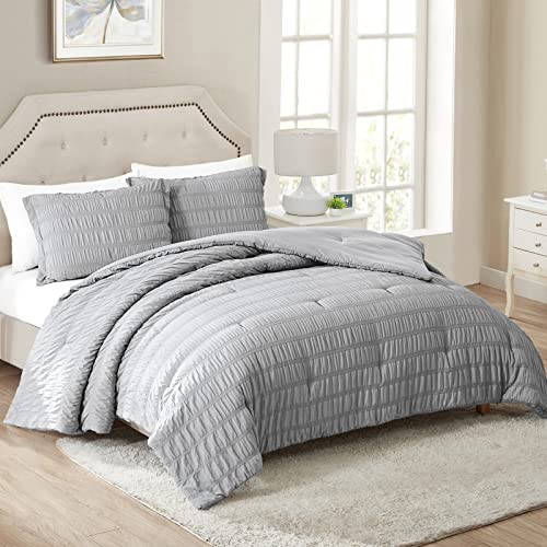 Walensee King Seersucker Comforter Set 100% Polyester Soft Washable Microfiber Bed Comforters With 2 Pillowshams, Lightweight Cozy Bedding Comforter Sets For All Season, 3 Pieces, 104"X90", Grey #TOP2