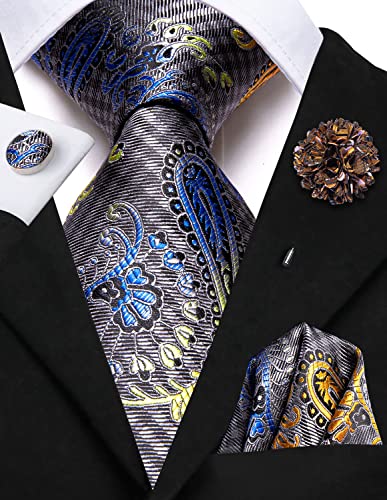 Image of Hi-Tie Blue Grey Ties for Men Silk Paisley Men's Ties and Flower Lapel Pin Set Pocket Square Cufflinks 4PCS Necktie for Wedding