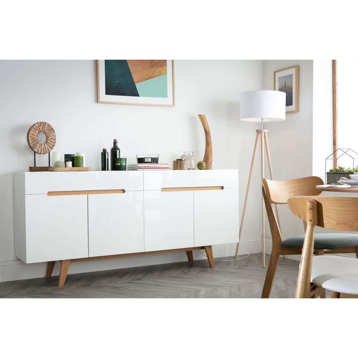 Miliboo Buffet scandinave Blanc Brillant et frêne 180cm MELKA
