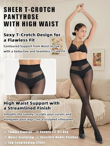 SUREPOCH Sheer Nylon Tights for Women 20D T Crotch Pantyhose Control Top High Waist Black Stockings Reinforced Toe4