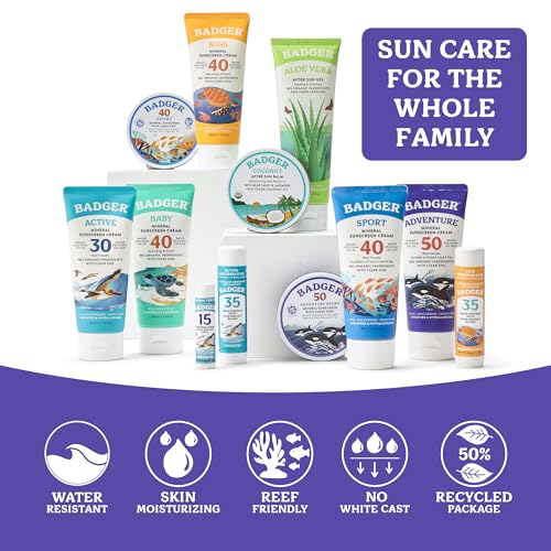 Image of Badger Biodegradable Reef Safe Sunscreen SPF 50, 2.9 oz (3-Pack) | 98% Organic, Unscented, Zinc Oxide, Water Resistant, Adventure & Sport Sunblock, Biodegradable sunscreen