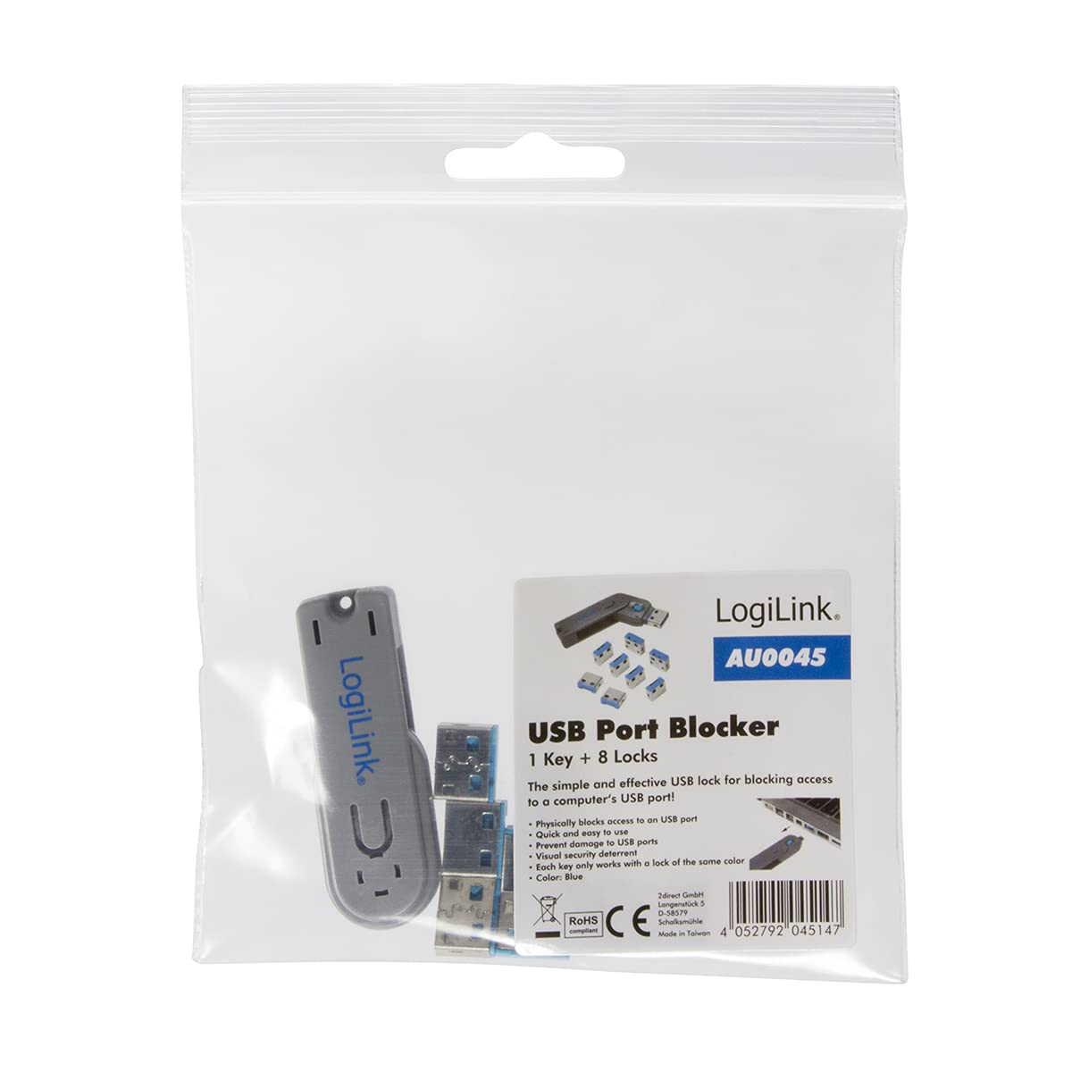 Logilink USB Port Bloqueur de Château 1x Schlüssel 8x Schlösser Gris