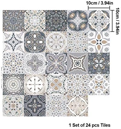 Tile Stickers 10cm x 10cm, 24pcs Stick on Tile Transfers Self Adhesive Wall Vinyl Stickers DIY Waterproof Tiles Backsplash for Kitchen & Bathroom - 4x4 inches