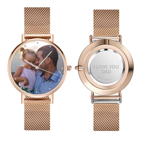 VEELU Montre Photo Personnalisée pour Femme avec Texte Gravé Bracelet Maille Milanaise Acier Inoxydable Imperméable Cadeau pour Homme Papa Maman Amant Noel