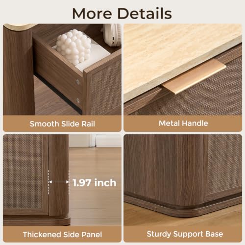 Image of Night Stand Set of 2, 30.71 inch W Rattan Nightstand with 3 Drawers, Faux Marble Top Bedside Table, Boho Mid Century End Table for Bedroom Living Room Sofa Office, Dark Oak [FSC Certified]