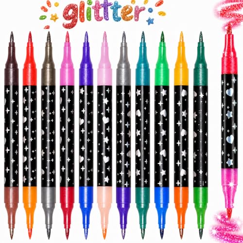 IOMDRWU Glitter Markers 24 Colors Dual Tip Brush Pens 12 Pack Sparkle Paint Pens for Kids Crafts Journaling Card Making Coloring Books and Scrapbooking