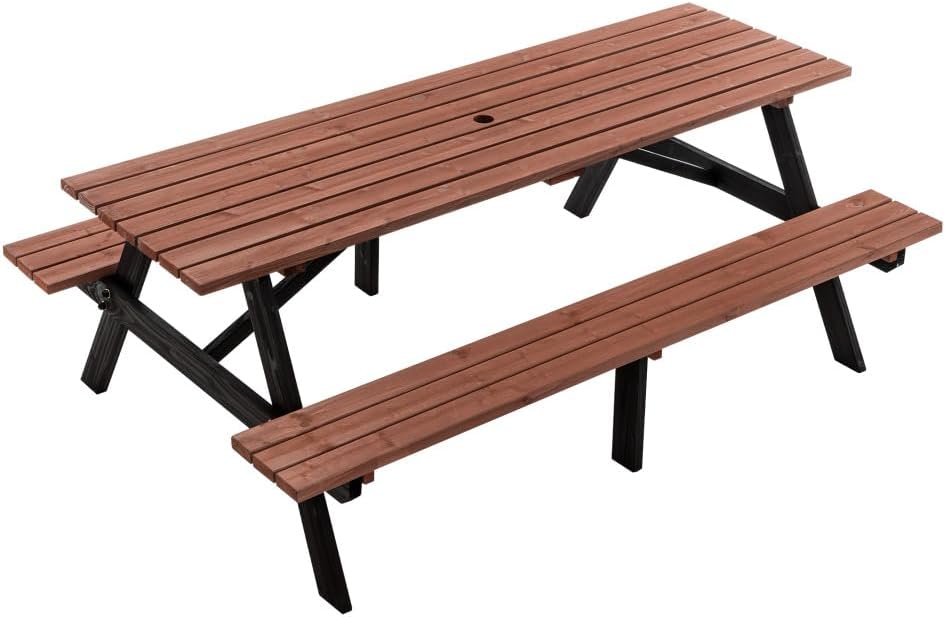 Solid Wood Picnic Table Set with Umbrella Hole for Outdoor Dining 2200 lbs Capacity Heavy-Duty Fir Wood for Backyard Lawn BBQ