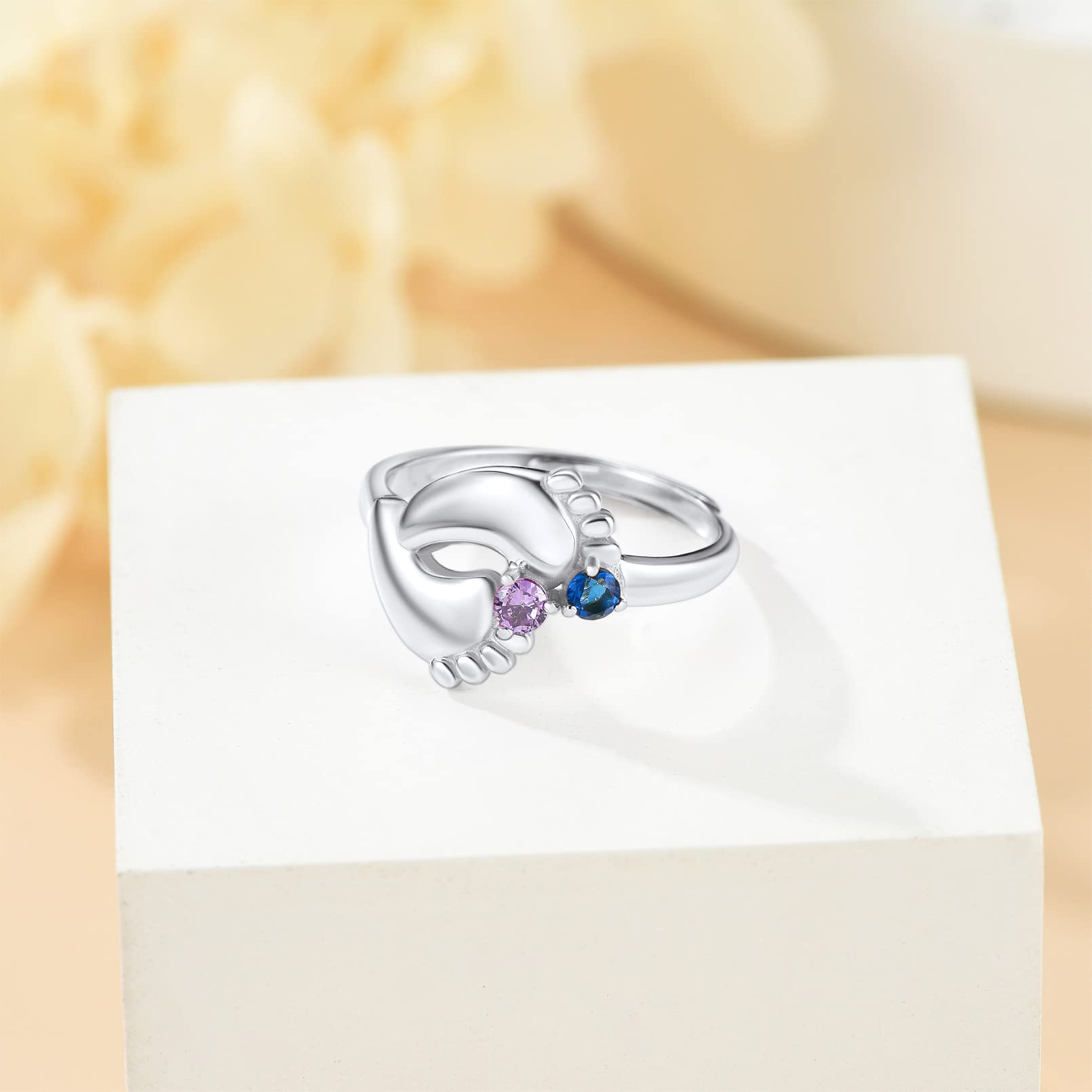 Custom4U Bague Argent 925 Femme Réglable 2 Prénoms Personnalisable Pieds de Bébé avec Pierre de Naissance