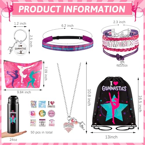 Kigeli Gymnastics Gifts for Girls Gymnastics Drawstring Bag Headband Bracelet Necklace Scrunchies Makeup Bag Vacuum Bottle Keychain 50 Pcs Waterproof Stickers Gymnast Party Favors by Kigeli - Used condition - Image 2