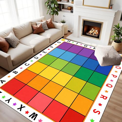 9x12 Kids Learning Rug Washable Area Rugs Vibrant Rainbow Gradient