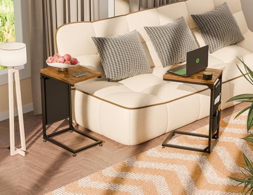Image of Simple Trending C Shaped End Table, Side Table TV Trays Set of 2 with Fabric Storage Bag, Couch Sofa Table for Living Room, Rustic Brown