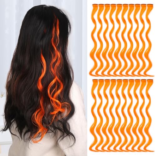 ADIASAI 20 PCS Orange Hair Extensions Clip in 22 Inch Curly Wavy Colored Hair Extensions for Women Girls Party Highlights Synthetic Hairpiece for Kids Favors Gift