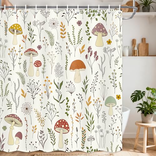 DYNH Cute Mushroom Shower Curtain Boho Floral Botanical Green Leaves Bathtub Curtain Retro Flowers Country Farm Aesthetic Cottagecore Bathroom Decor with Hooks Beige 69X70 in