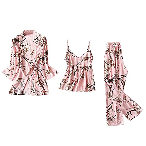 Pyjama en satin femme chic imprimé floral avec son peignoir assorti