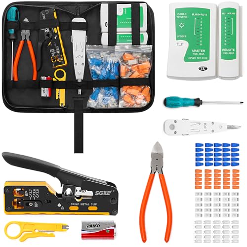 SGILE Crimpwerkzeug-Set RJ45, Werkzeug Paket für Cat5 Cat6 Cat7, Durchgangs-Abisolier und Schneidwerkzeug, Ethernet-Kabel-Wartungssets, Kabeltester, Cat5/6/7, 25 Stecker, für Computer-LAN-Kabel