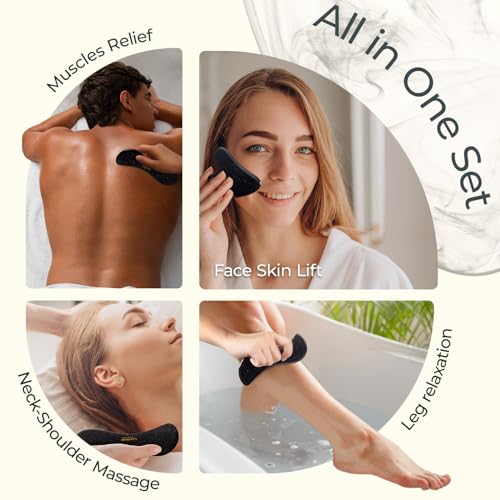 Image of Scienlodic 3 Pcs Gua Sha Massage Tools for Face & Body (Black Gold, Resin) - Scraping Tools for Back, Legs & Muscle Relaxation, Guasha Facial Tool for Jawline Contouring & Puffiness Reduction
