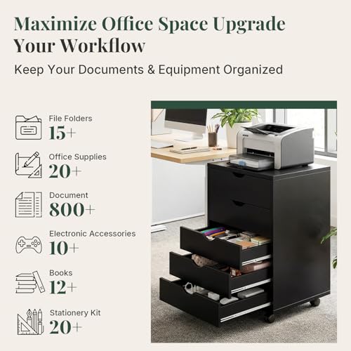 Image of Mobile File Cabinet Under Desk, 5 Drawer Storage Organization with Wheels, Vertical Filing Chest Rolling Wood Small Desk Printer Stand for Home Office, 15.75 inch D x 18.74 inch W x 25.39 inch H