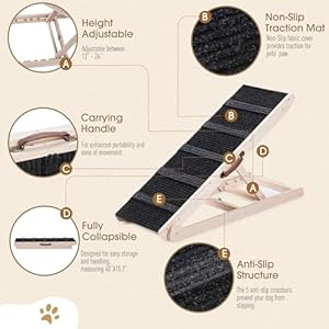 Wooden Adjustable Pet Ramp for All Dogs and Cats - Non Slip Carpet Surface and Foot Pads - 40" Long and Adjustable from 12” to 26” - Up to 200LBS - Folding Dog Car Ramps for SUV, Bed, Couch Wooden Adjustable Pet Ramp for All Dogs and Cats Non Slip Carpet Surface and Foot Pads 40 Long and Adjustable from 12 to 26 Up to 200LBS Folding Dog Car Ramps for SUV Bed Couch