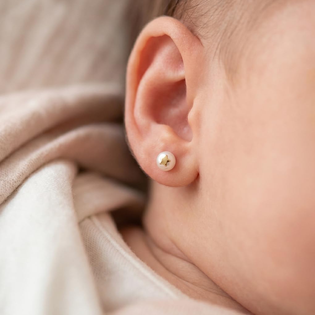 TIME ROAD Pendientes Bebé Niña de Oro 9K HIN00173/6 - Cierre Seguro de Rosca - Pendientes de Estrella 6 mm - Infantil 3, 6, 12 a 24 meses - Ideal como Regalo de Nacimiento, Bautizo o Cumpleaños