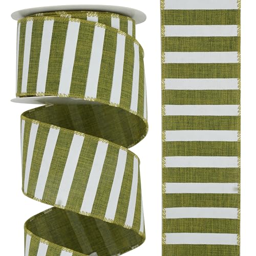 DINDOSAL Moss Green Wired Ribbon 2.5" Horizontal Green White Stripe Burlap Christmas Tree Ribbon Rustic Green Wired Christmas Ribbon for Wreaths Crafts Gift Wrapping Holiday Decorations - 10 Yards