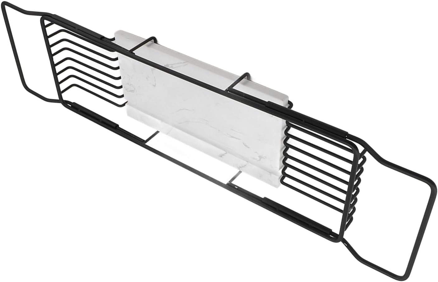 ZJchao Bathtub Tray, Bath Shelf, Expandable Metal Bathtub Rack with Multiple Drainage Holes and a Retractable Design Anti Slip Space Saving Multi Functional House Warming Gift (Black White)