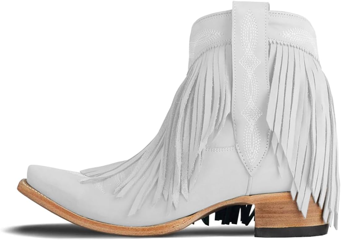 YDN Women's Fringe Tassels Ankle Boots Western Style Pointed Toe Wooden Block Low Heel Comfortable Slip On Dressy Casual Daily Outfit Shoes Size 4-16 US