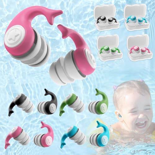SUpoetry 4 Pares de Tapones Oidos Natación para Niños, Tapones de Silicona Suave Reutilizables para Nadar, Tapones para Los Oídos de Impermeables para Nadar, Ducharse y Surfear(4 Colores)