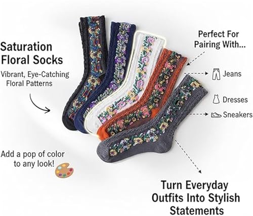 Saturation Floral Socks, Vintage Embroidered Floral Socks, Florals Patterned Casual Cute Warm Sock2