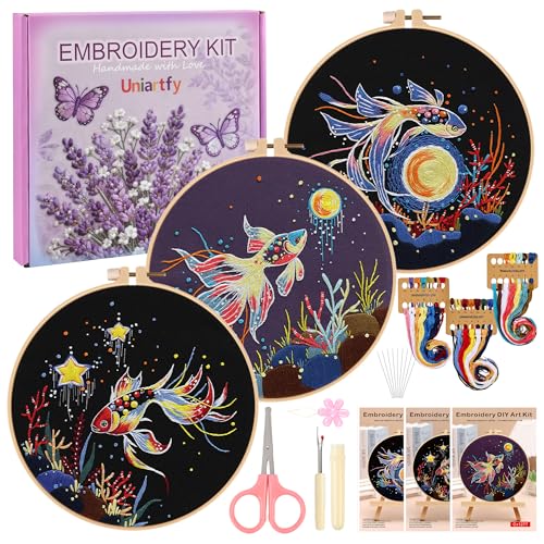 Image of Uniartfy 3 Sets Hand Embroidery Starter Kits for Beginners Adults, Goldfish Stamped Cross Stitch Kit, DIY Needlepoint Kit with Cloth, Hoop,Threads and Instruction, Easy to Learn Embroidery Starter Kit
