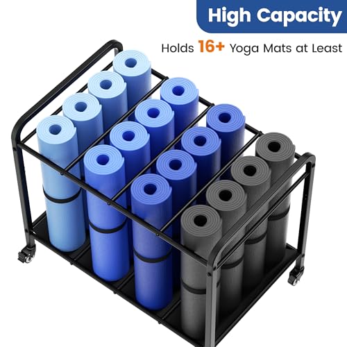 Black Yoga Mat Storage Rack Basket with Wheels, Floor-Standing Metal Yoga Mat Cart Workout Equipment for Foam Roller Dumbbells Kettlebells,in Gym,Fitness Classes, Yoga Studio & Home Gym - Thumbnail 2