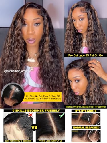 Image of Sunber Bye Bye Knots 7x5 Lace Glueless Water Wave Human Hair Wig 26Inch | Golden Brown Highlights No Slip Wet and Wave Gluless Wig 150% Density Put On Go Pre Bleached Invisible Knots