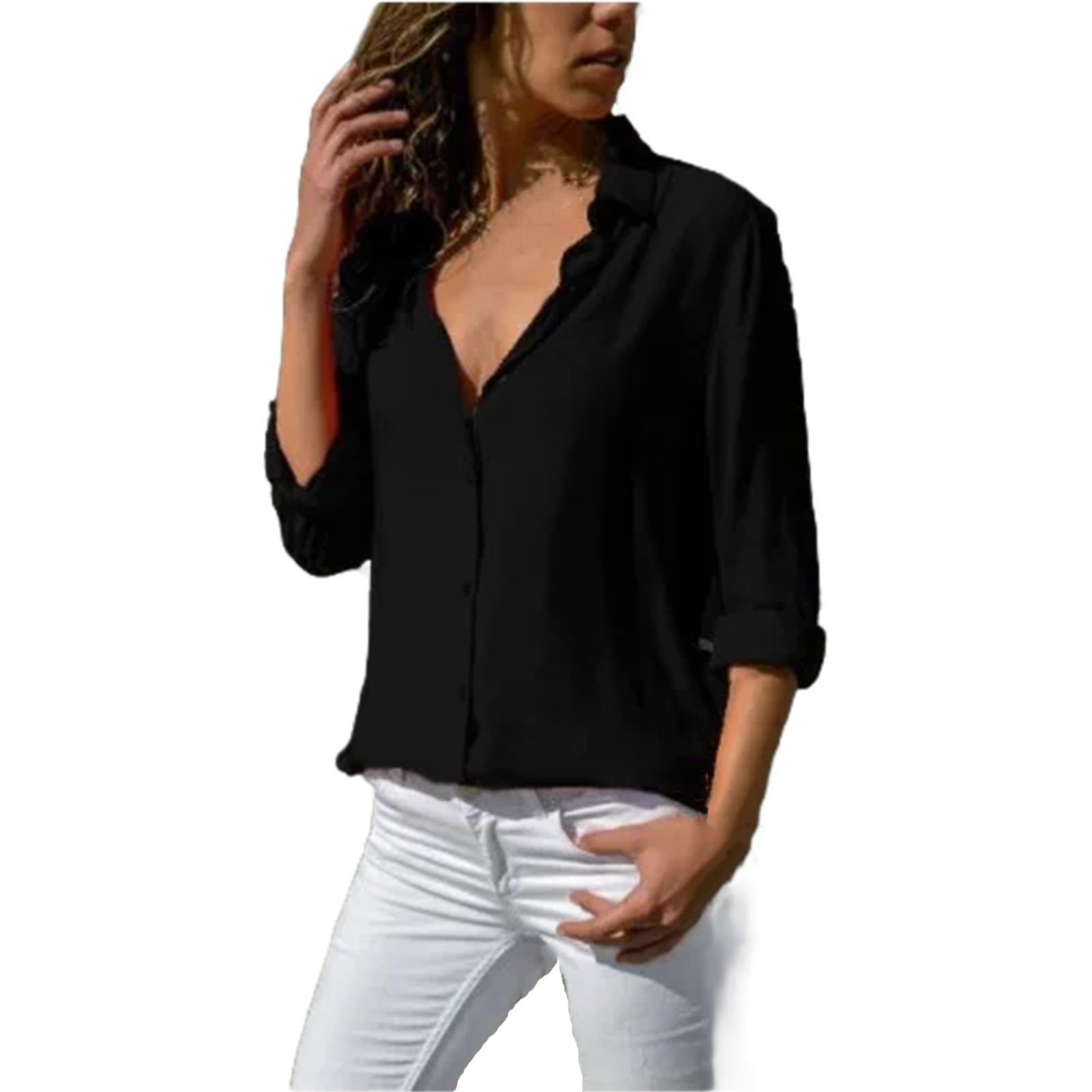 Blusa vintage para mujer, holgada, con botones, sencilla, lisa, de manga larga
