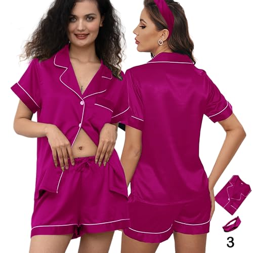 Image of 3Pcs Silk Pajamas XS-4XL Womens Satin Pajama Short Floral Sleepwear Bride Soft Pj Lounge Sets Pjs Shorts Set