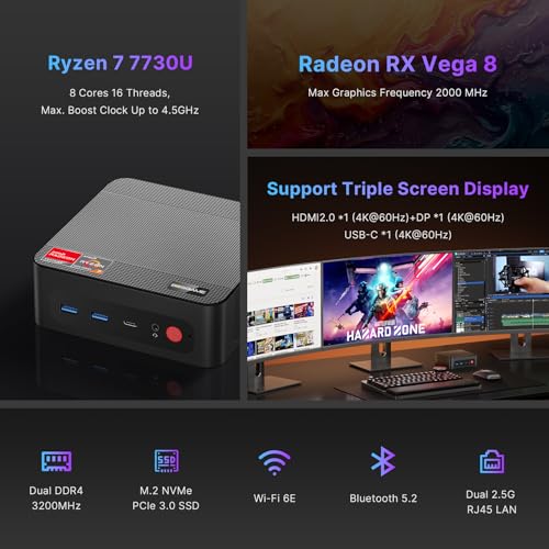 Image of BOSGAME P4 Ultra Mini PC Ryzen 7 7730U,16GB RAM 1TB PCIe SSD,Dual 2.5G LAN | WiFi 6E /BT5.2, 4K Triple Display HDMI+DP+USB-C, Come with 11 Pro for Office Home Business(Upgraded 5825U)