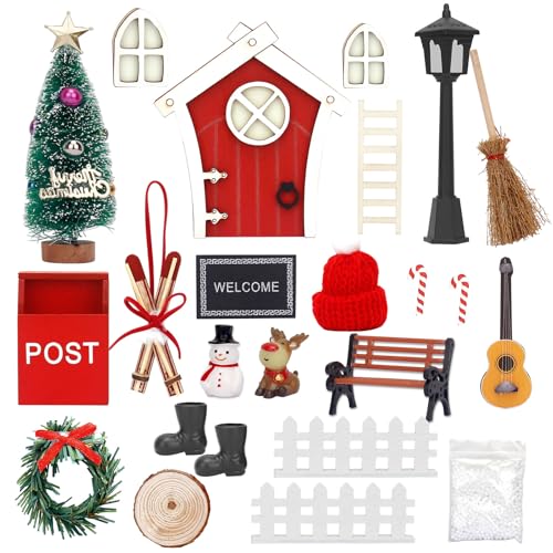 Estefanlo Kerstkabouteraccessoires, set van 25 stuks, miniatuur kerstkabouters, complete kabouterhuisjes, kabouterdeuren, feeëndeurfiguren, kabouteraccessoires, Kerstmis