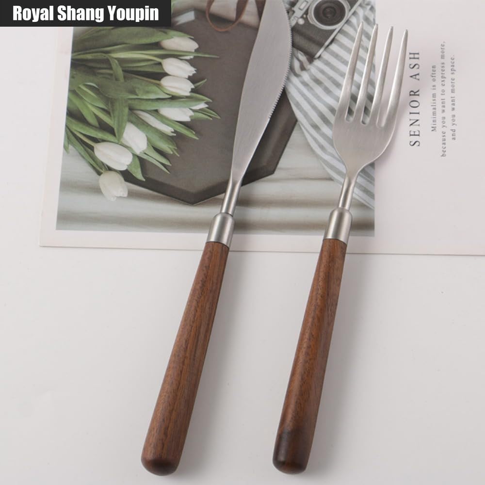 Manico in Noce Massello Cucina Acciaio Inossidabile Posate Stoviglie Posate Coltelli Forchette Cucchiai Set, Coltello Da Bistecca E Forchetta Per Hotel (Punta Cucchiaio 12 pezzi)