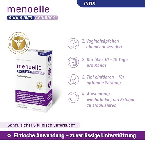 menoelle® OVULA med CERVIRON: Vaginalzäpfchen bei bakterieller Infektion & Pilz. Entzündung u. Scheidentrockenheit. Lindert Ausfluss, Brennen, Juckreiz, Geruch & Schmerzen beim Wasserlassen. 10 Stück.